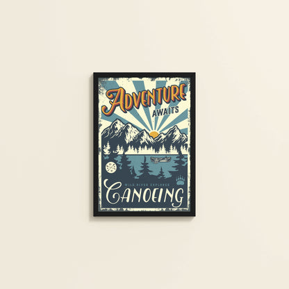 Wall View of Adventure Awaits – Wild River Canoeing Wall Art in Black Color Frame