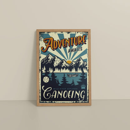 Floor View of Adventure Awaits – Wild River Canoeing Wall Art in Natrual Color Frame