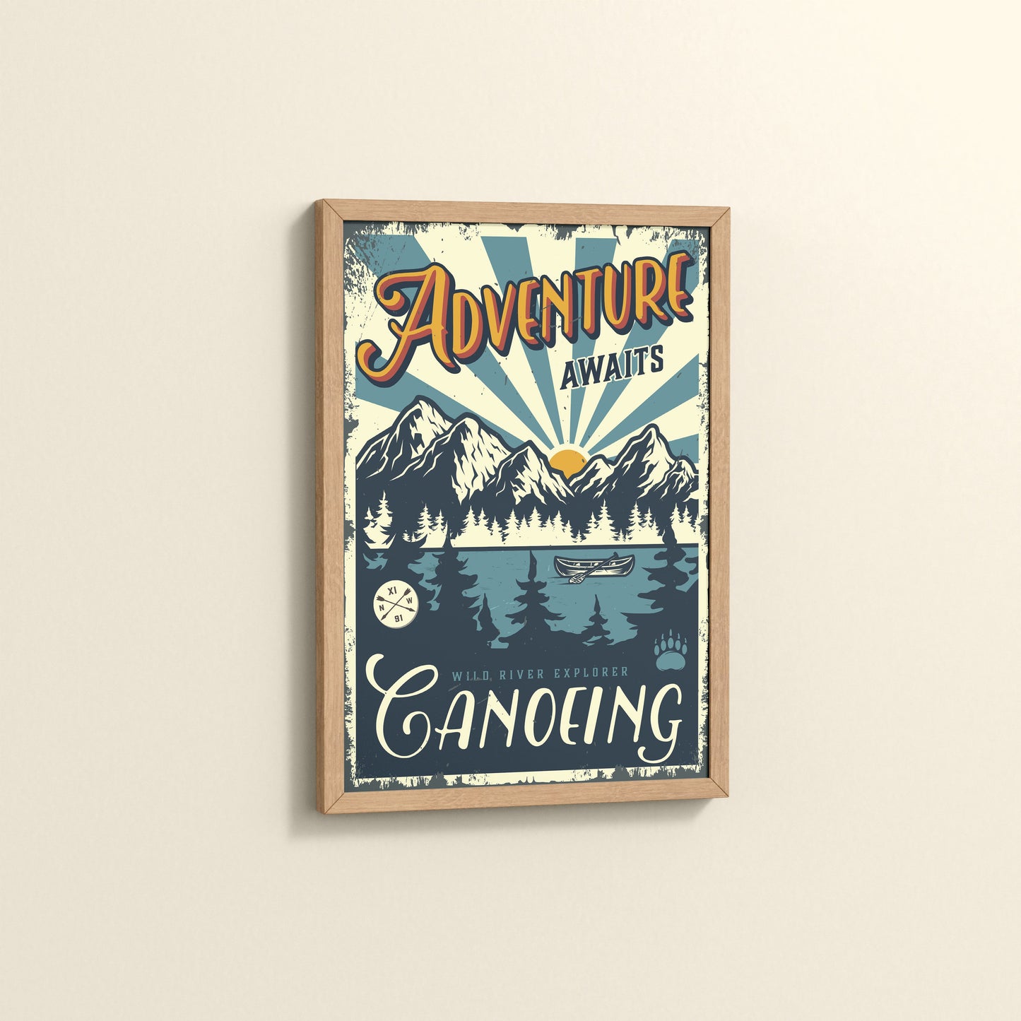 Side View of Adventure Awaits – Wild River Canoeing Wall Art in Natrual Color Frame