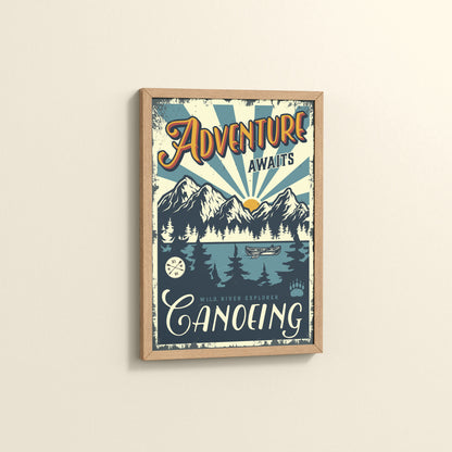 Side View of Adventure Awaits – Wild River Canoeing Wall Art in Natrual Color Frame