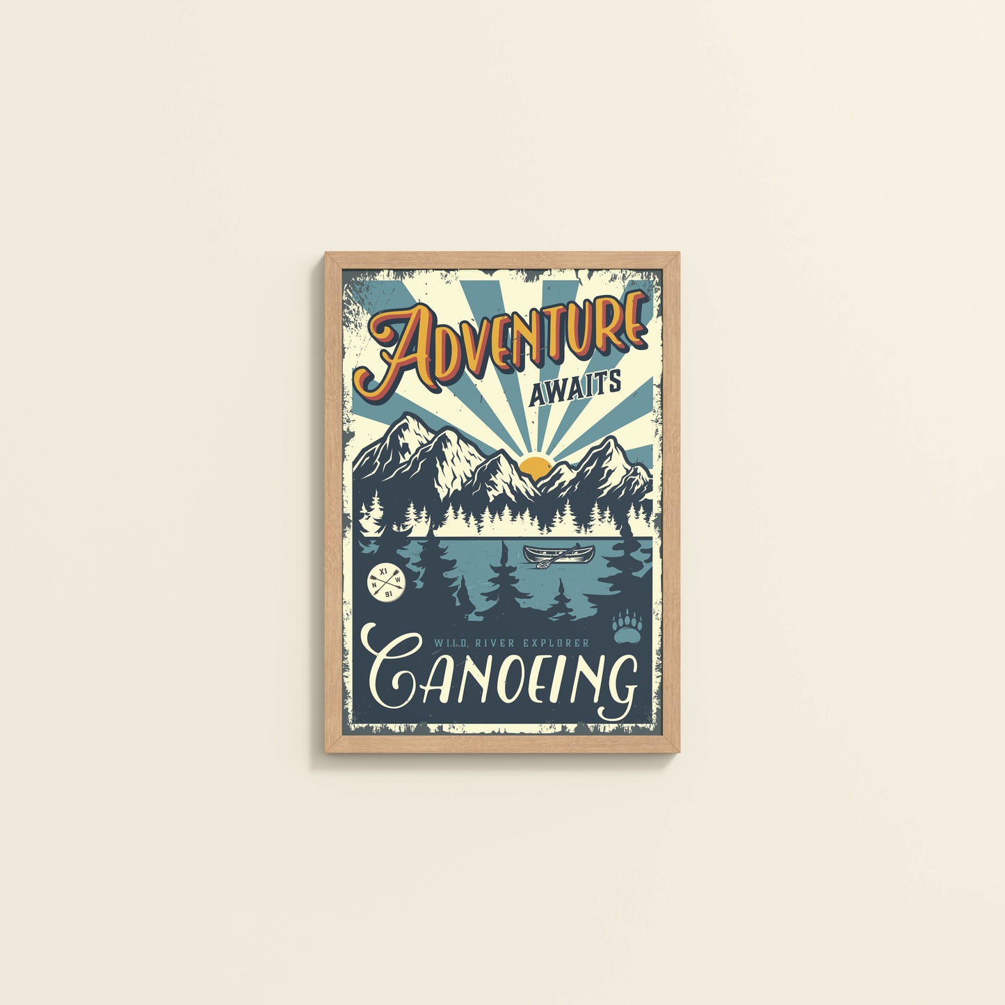 Wall View of Adventure Awaits – Wild River Canoeing Wall Art in Natrual Color Frame