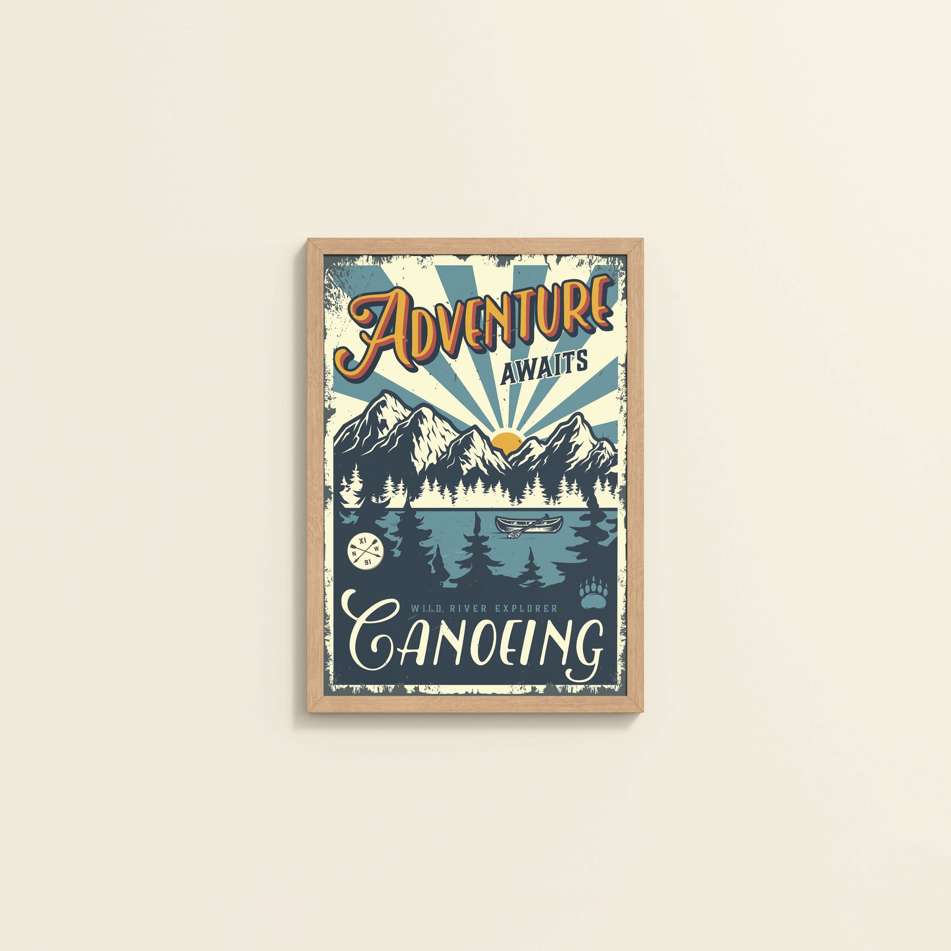 Wall View of Adventure Awaits – Wild River Canoeing Wall Art in Natrual Color Frame
