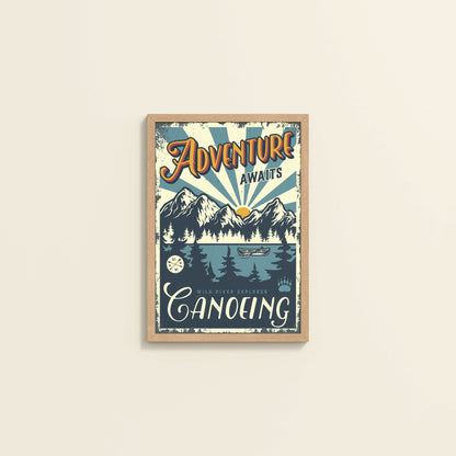 Wall View of Adventure Awaits – Wild River Canoeing Wall Art in Natrual Color Frame
