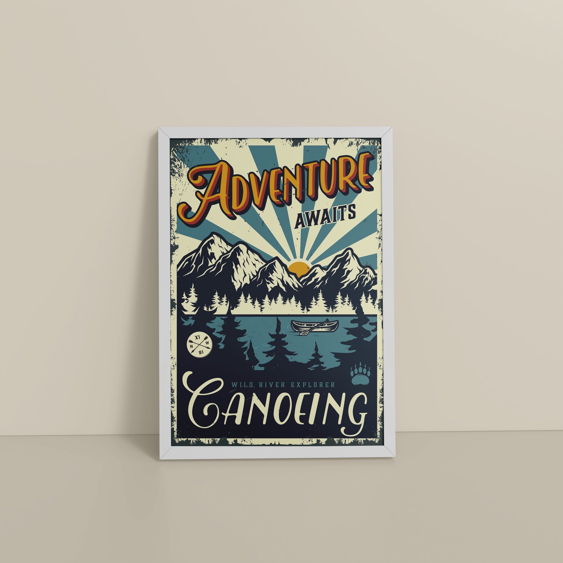Floor View of Adventure Awaits – Wild River Canoeing Wall Art in White Color Frame