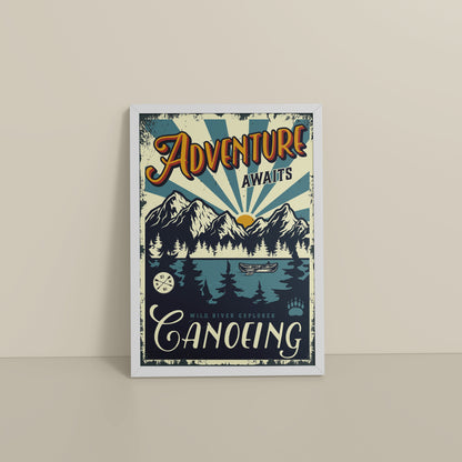 Floor View of Adventure Awaits – Wild River Canoeing Wall Art in White Color Frame