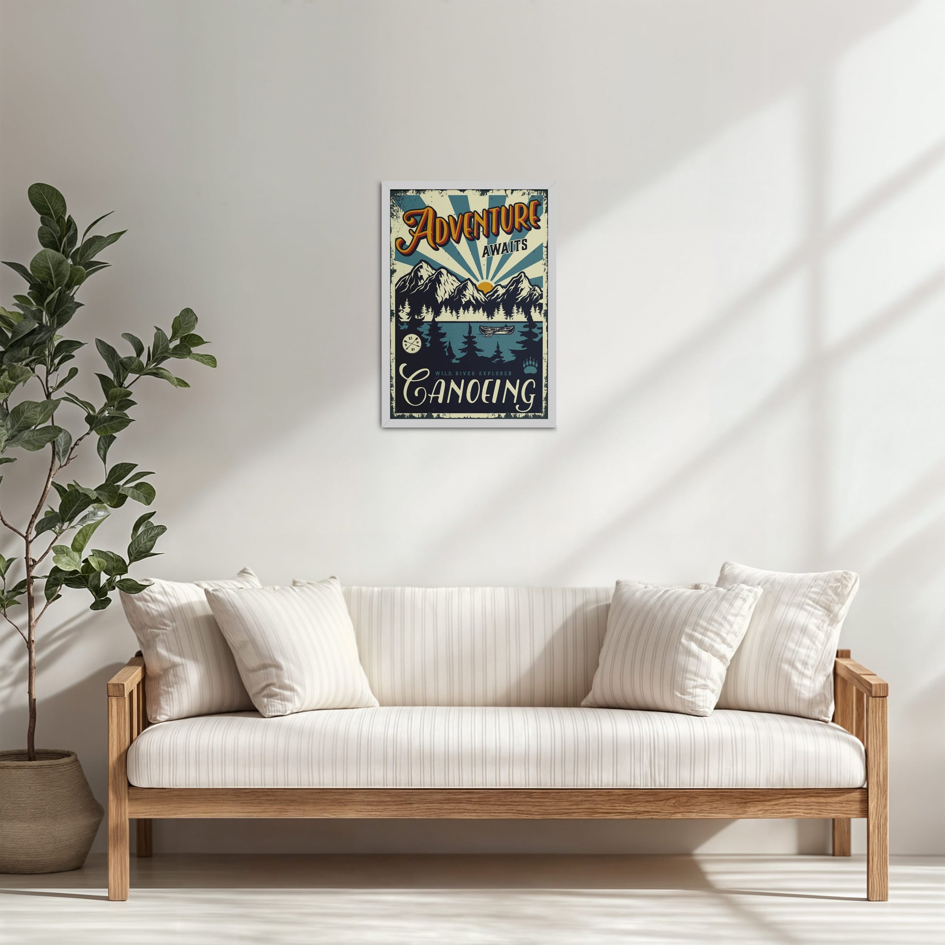 Living Room Cabinet Table Preview of Adventure Awaits – Wild River Canoeing Wall Art in White Color Frame