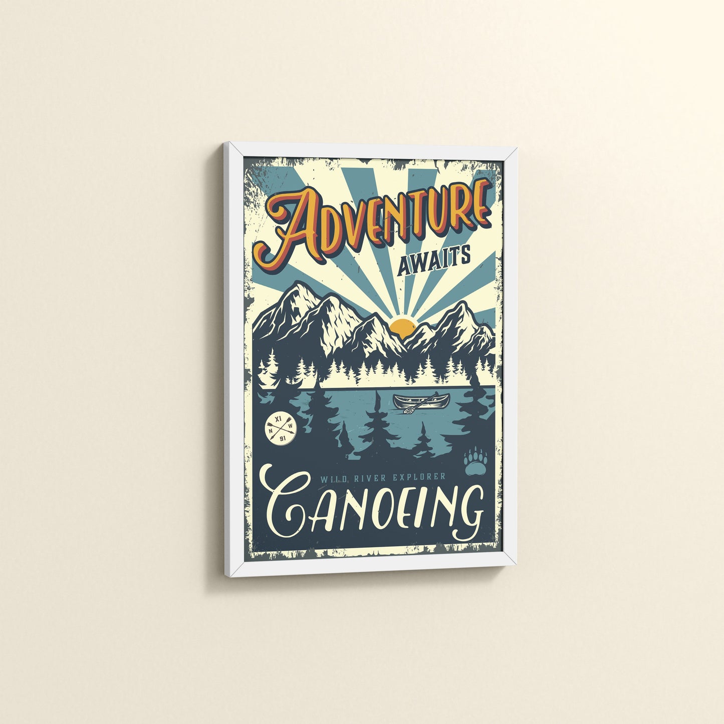 Side View of Adventure Awaits – Wild River Canoeing Wall Art in White Color Frame
