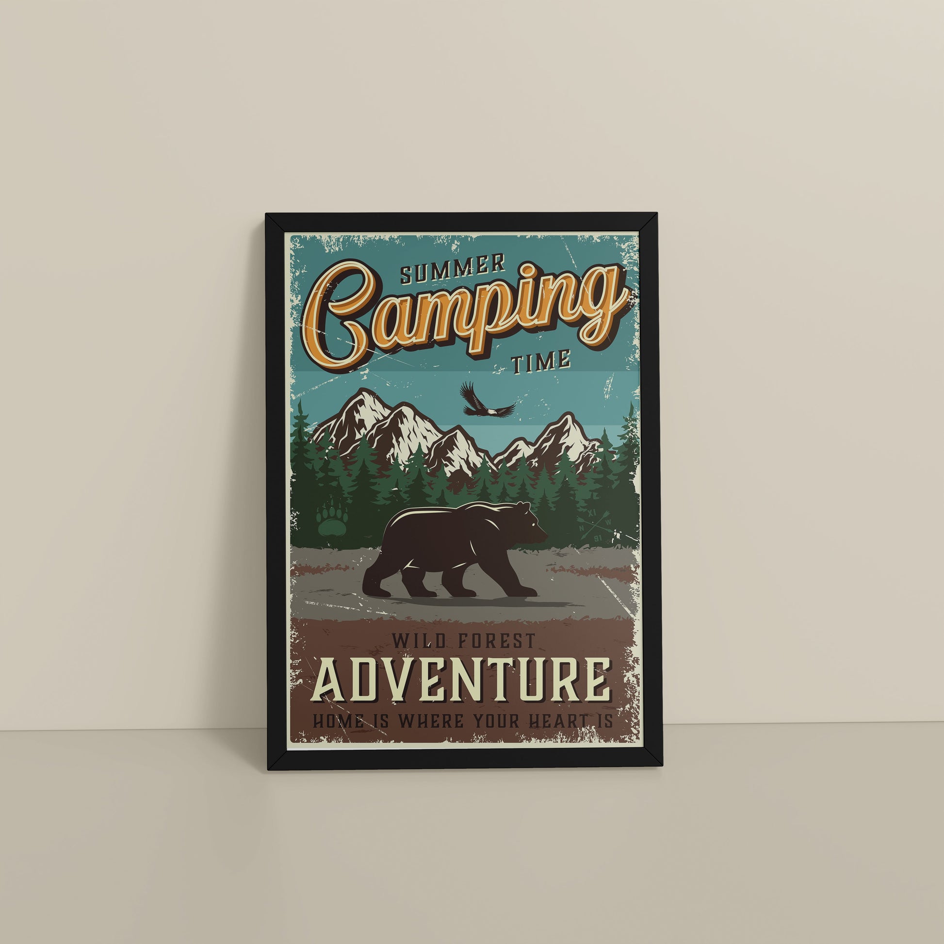Floor View of Summer Camping Wild Forest Adventure Wall Decor in Black Color Frame