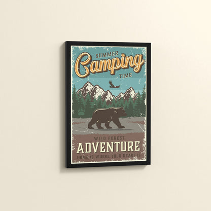 Side View of Summer Camping Wild Forest Adventure Wall Decor in Black Color Frame