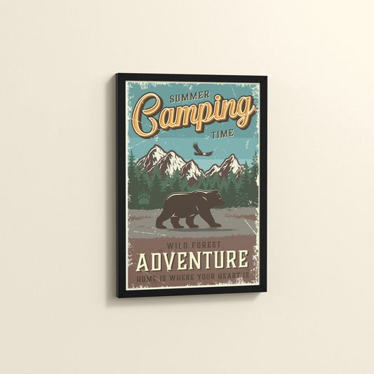 Side View of Summer Camping Wild Forest Adventure Wall Decor in Black Color Frame