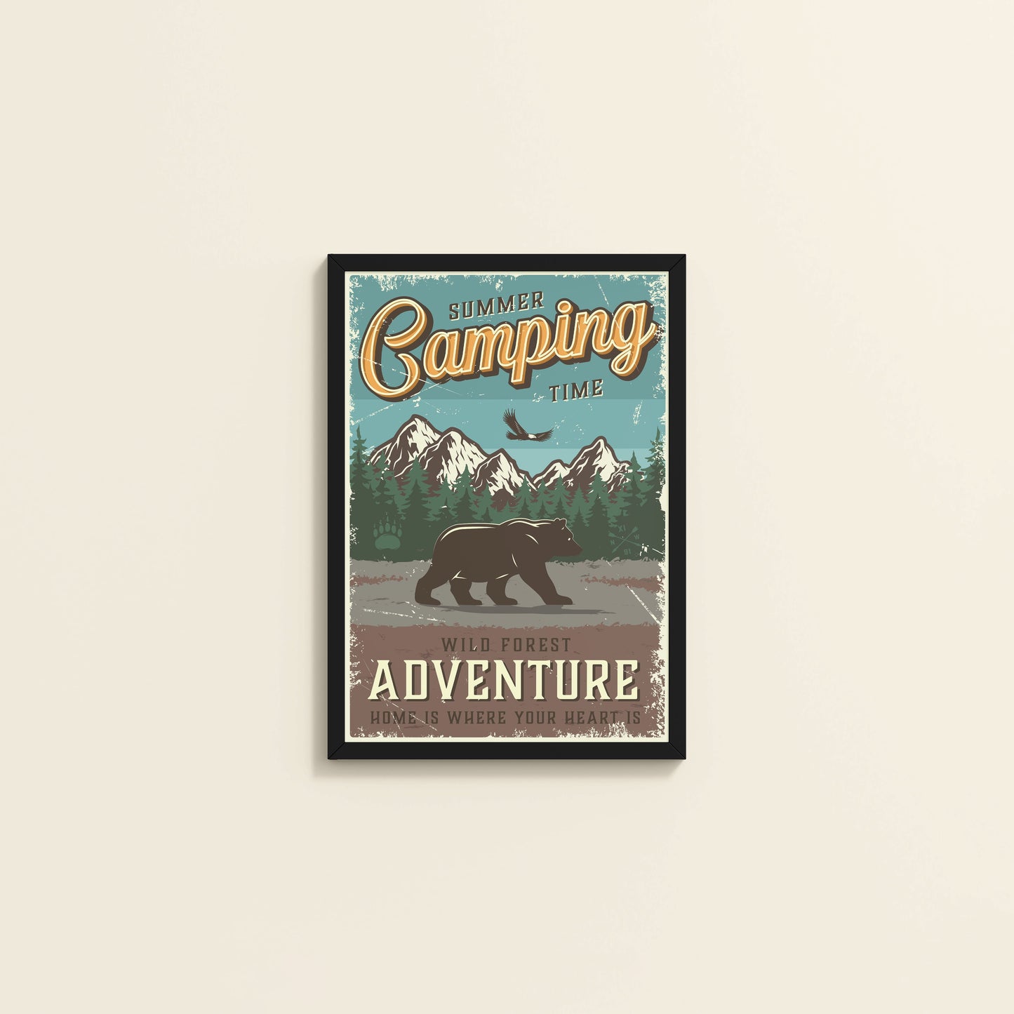Wall View of Summer Camping Wild Forest Adventure Wall Decor in Black Color Frame