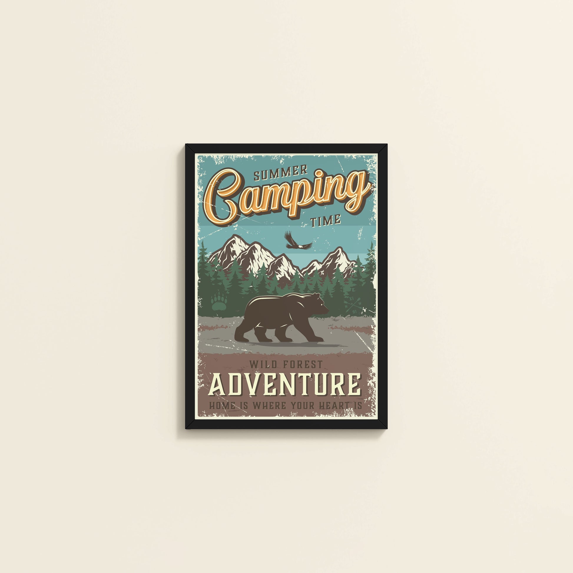 Wall View of Summer Camping Wild Forest Adventure Wall Decor in Black Color Frame