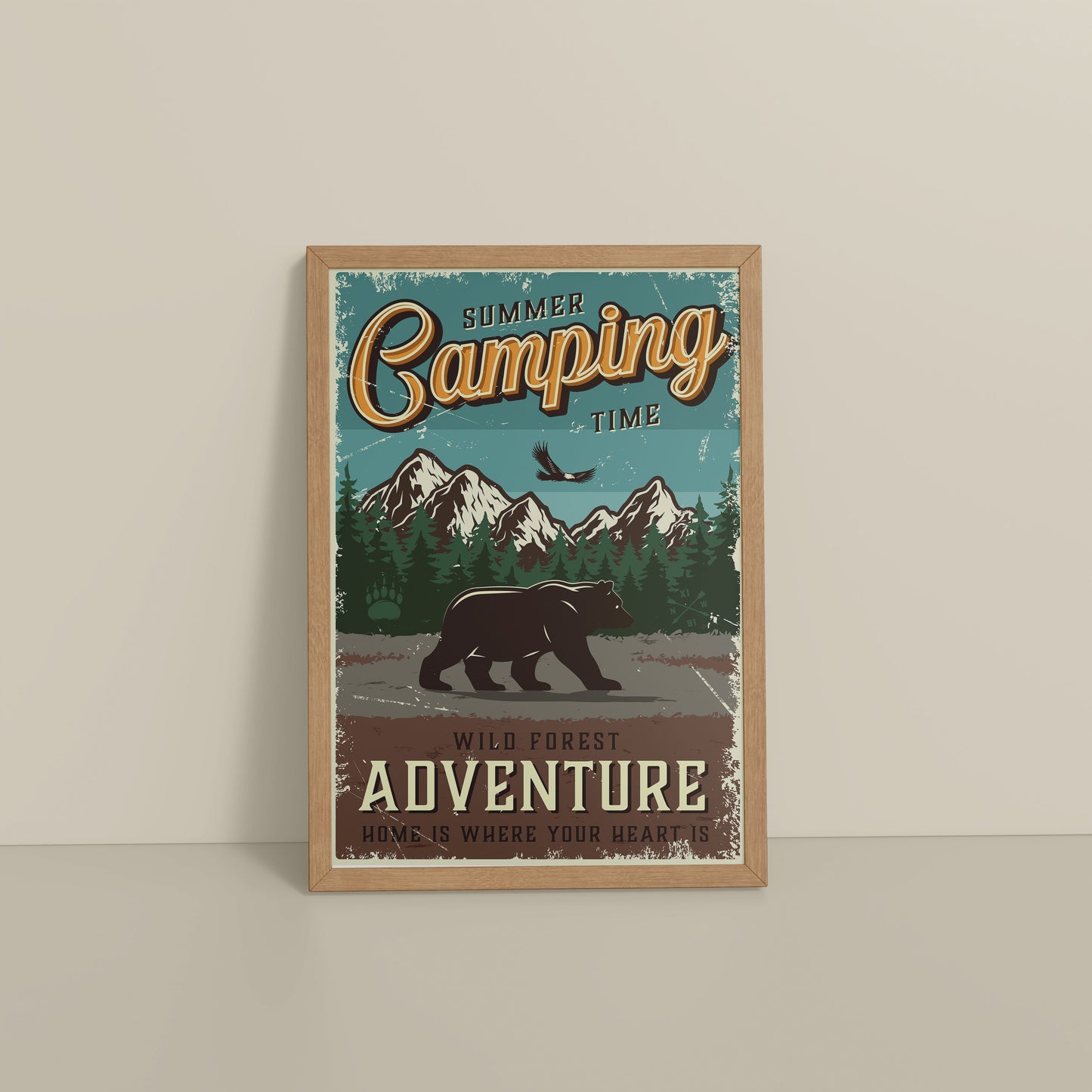Floor View of Summer Camping Wild Forest Adventure Wall Decor in Natrual Color Frame
