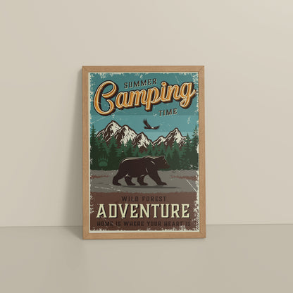 Floor View of Summer Camping Wild Forest Adventure Wall Decor in Natrual Color Frame
