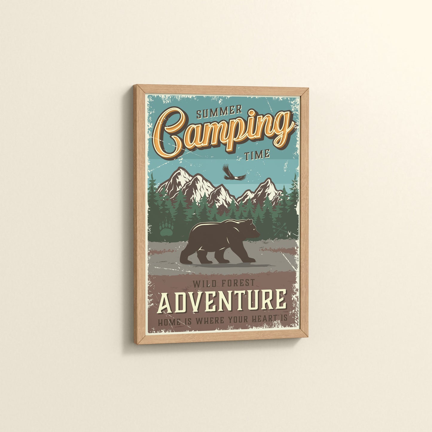Side View of Summer Camping Wild Forest Adventure Wall Decor in Natrual Color Frame