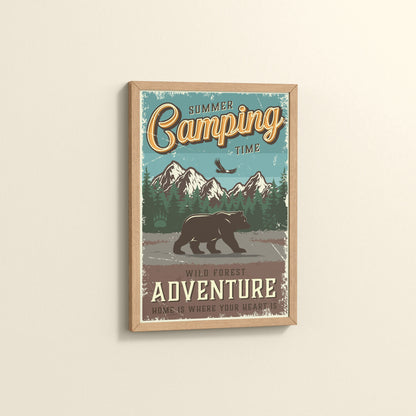 Side View of Summer Camping Wild Forest Adventure Wall Decor in Natrual Color Frame
