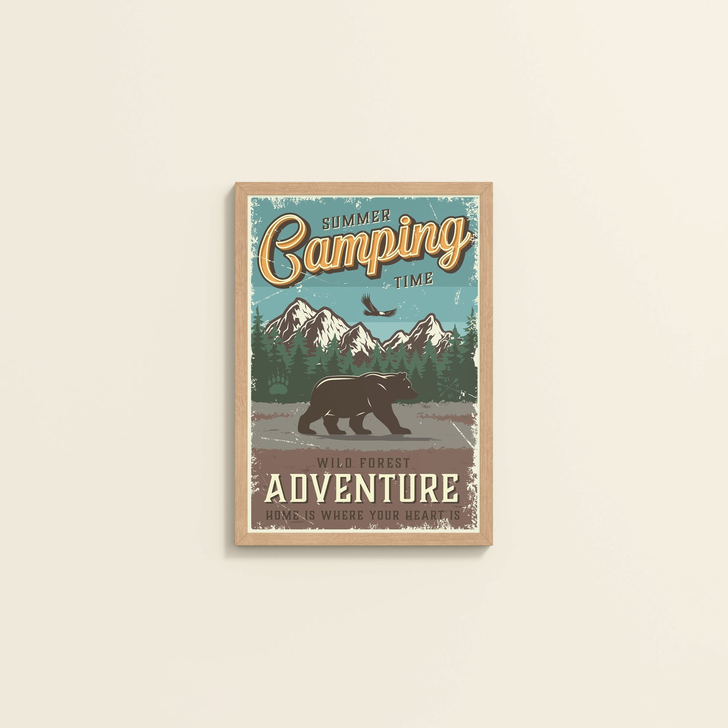Wall View of Summer Camping Wild Forest Adventure Wall Decor in Natrual Color Frame