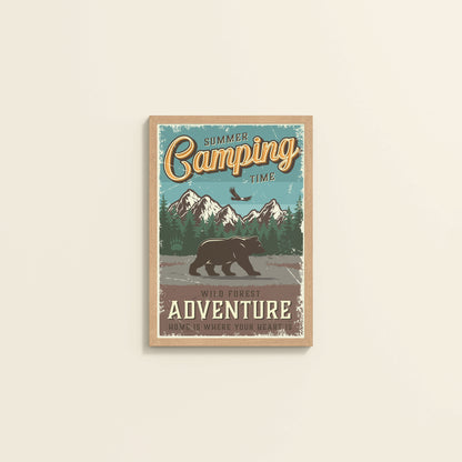 Wall View of Summer Camping Wild Forest Adventure Wall Decor in Natrual Color Frame