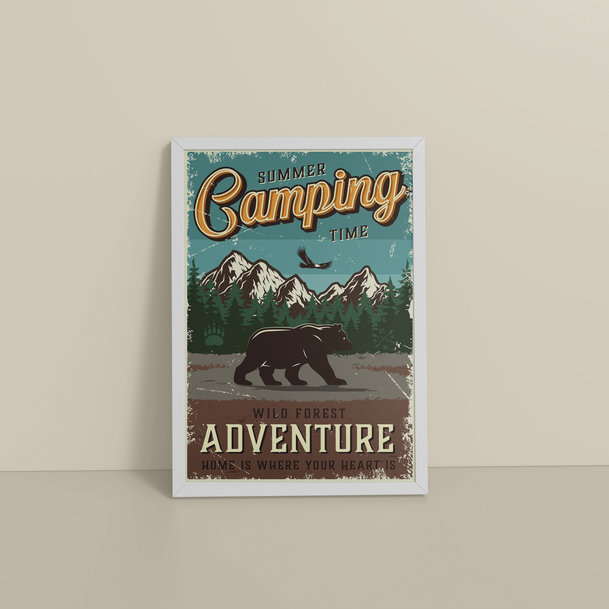 Floor View of Summer Camping Wild Forest Adventure Wall Decor in White Color Frame
