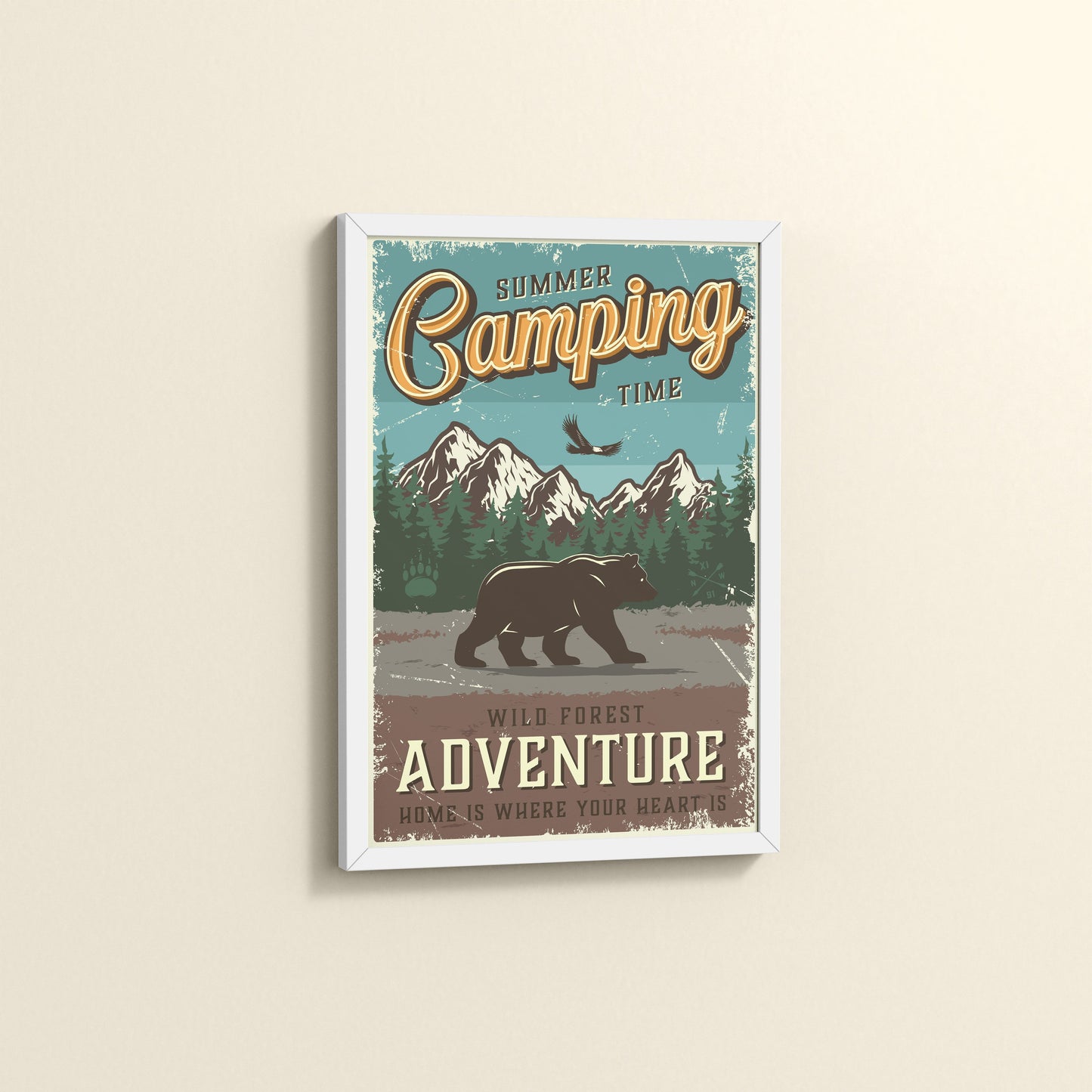 Side View of Summer Camping Wild Forest Adventure Wall Decor in White Color Frame