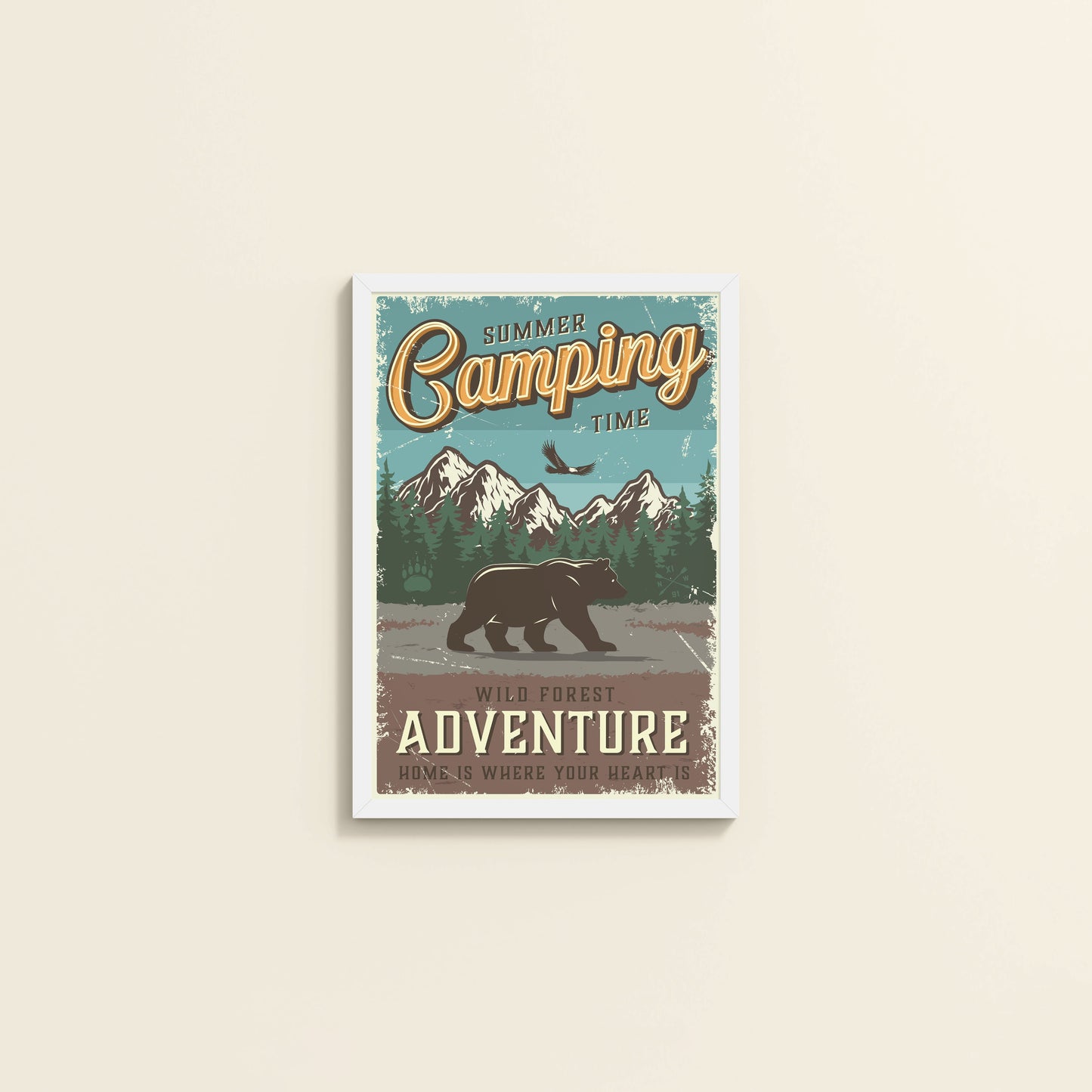 Wall View of Summer Camping Wild Forest Adventure Wall Decor in White Color Frame