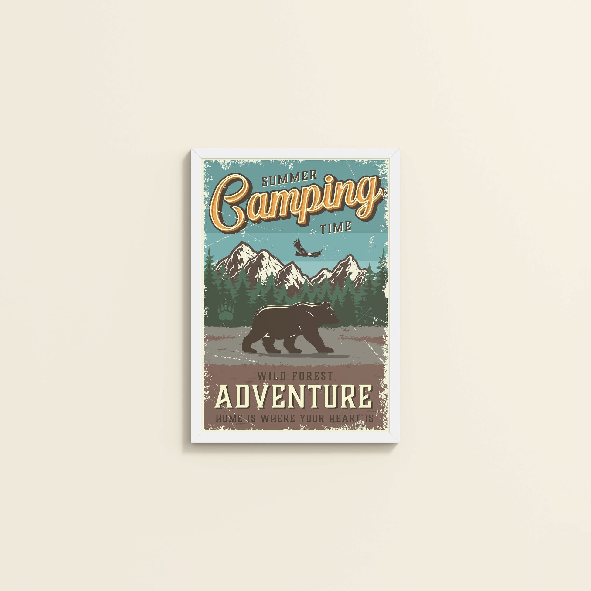 Wall View of Summer Camping Wild Forest Adventure Wall Decor in White Color Frame