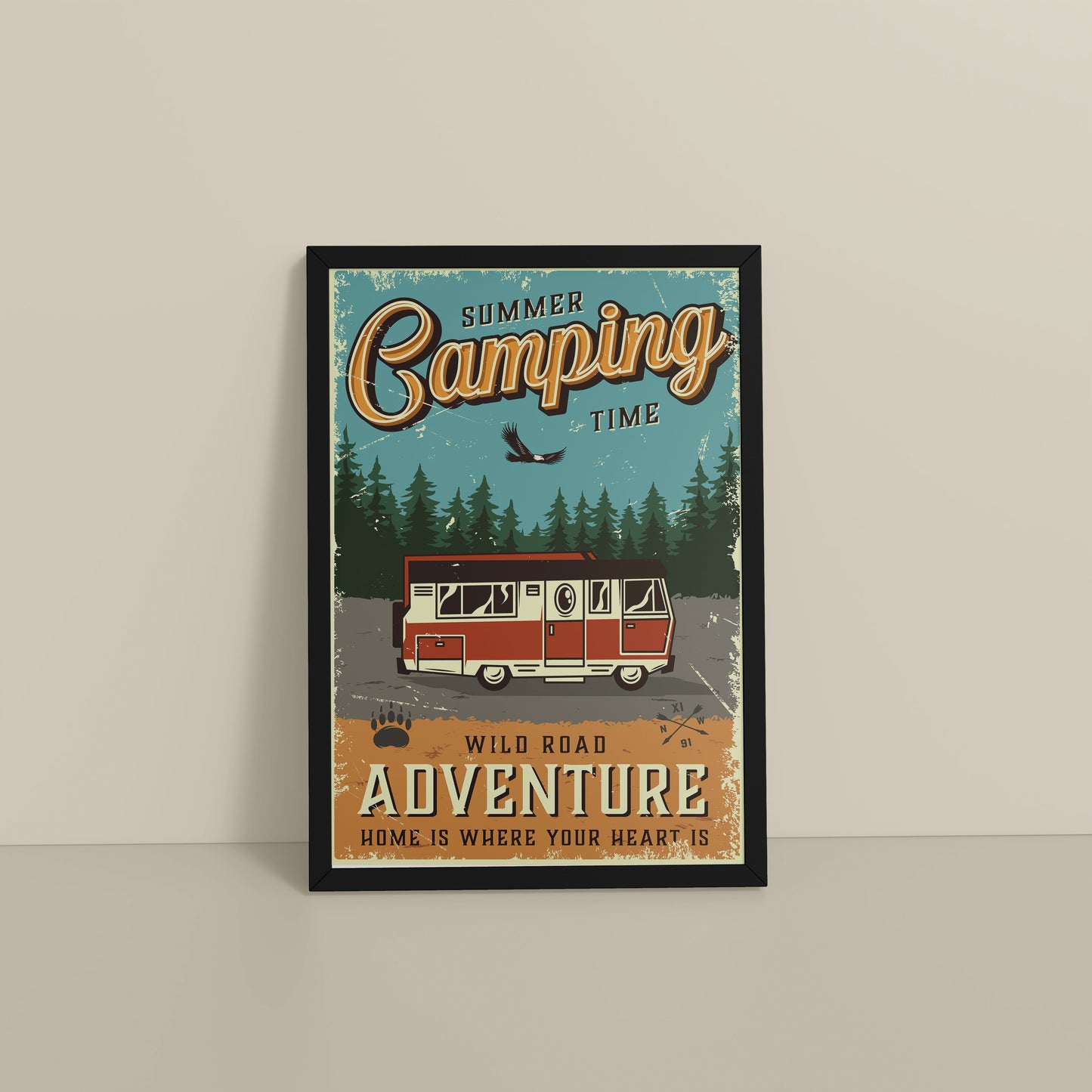 Floor View of Wild Road Adventure – Summer Camping Wall Art in Black Color Frame