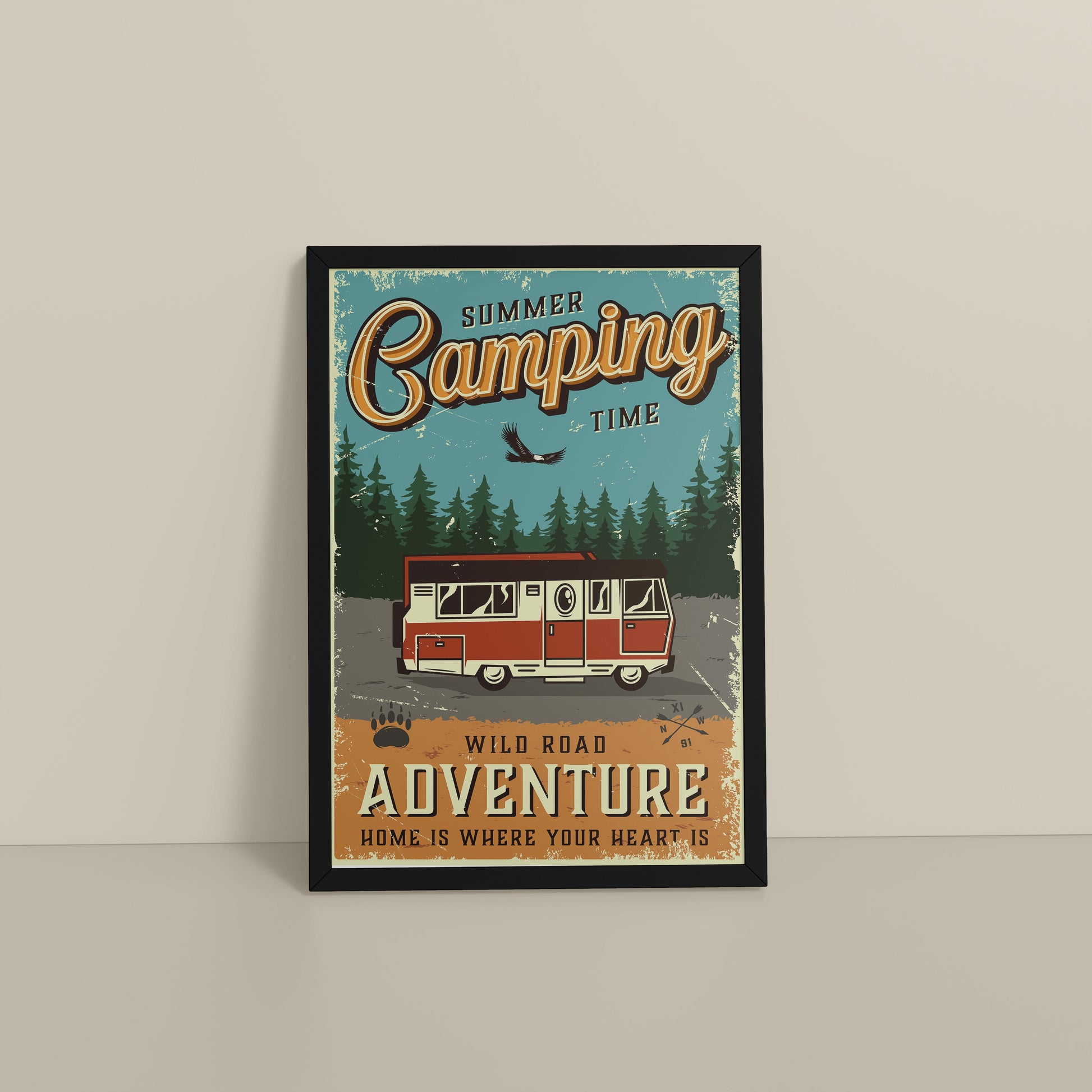 Floor View of Wild Road Adventure – Summer Camping Wall Art in Black Color Frame