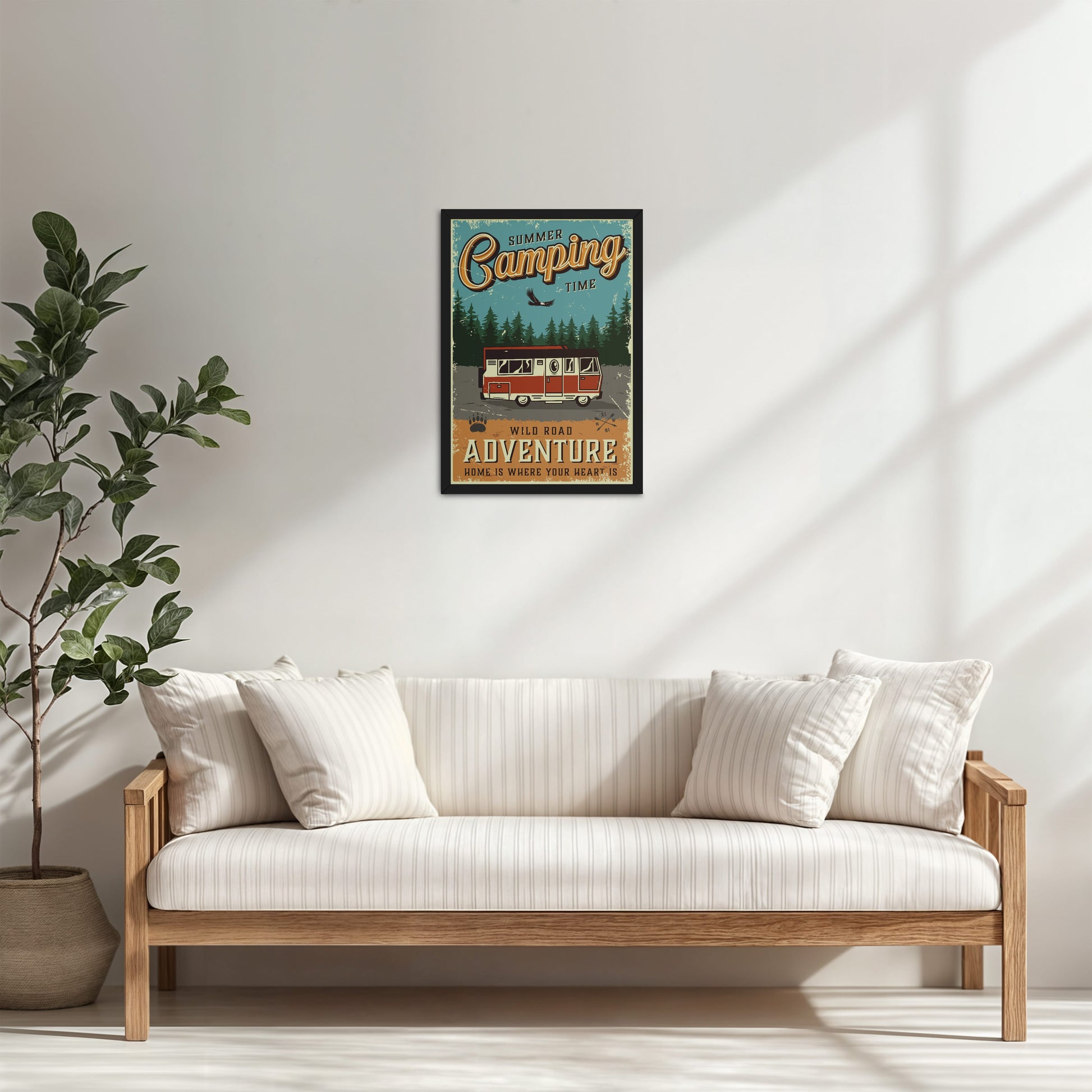 Living Room Cabinet Table Preview of Wild Road Adventure – Summer Camping Wall Art in Black Color Frame