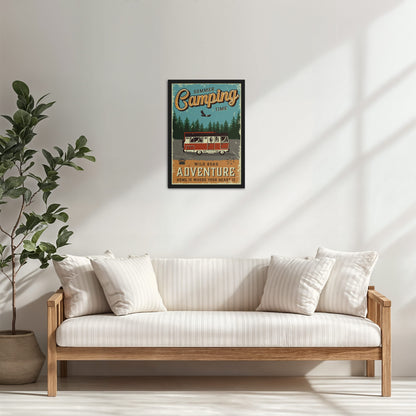 Living Room Cabinet Table Preview of Wild Road Adventure – Summer Camping Wall Art in Black Color Frame