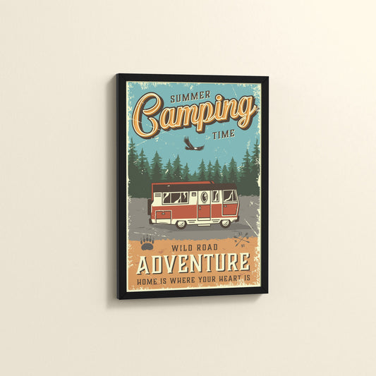 Side View of Wild Road Adventure – Summer Camping Wall Art in Black Color Frame