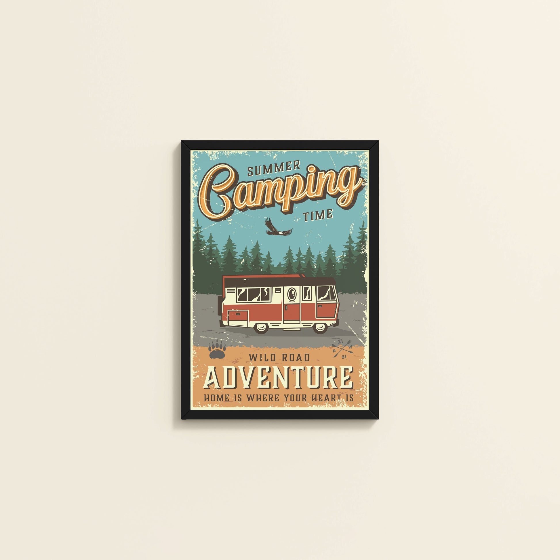 Wall View of Wild Road Adventure – Summer Camping Wall Art in Black Color Frame