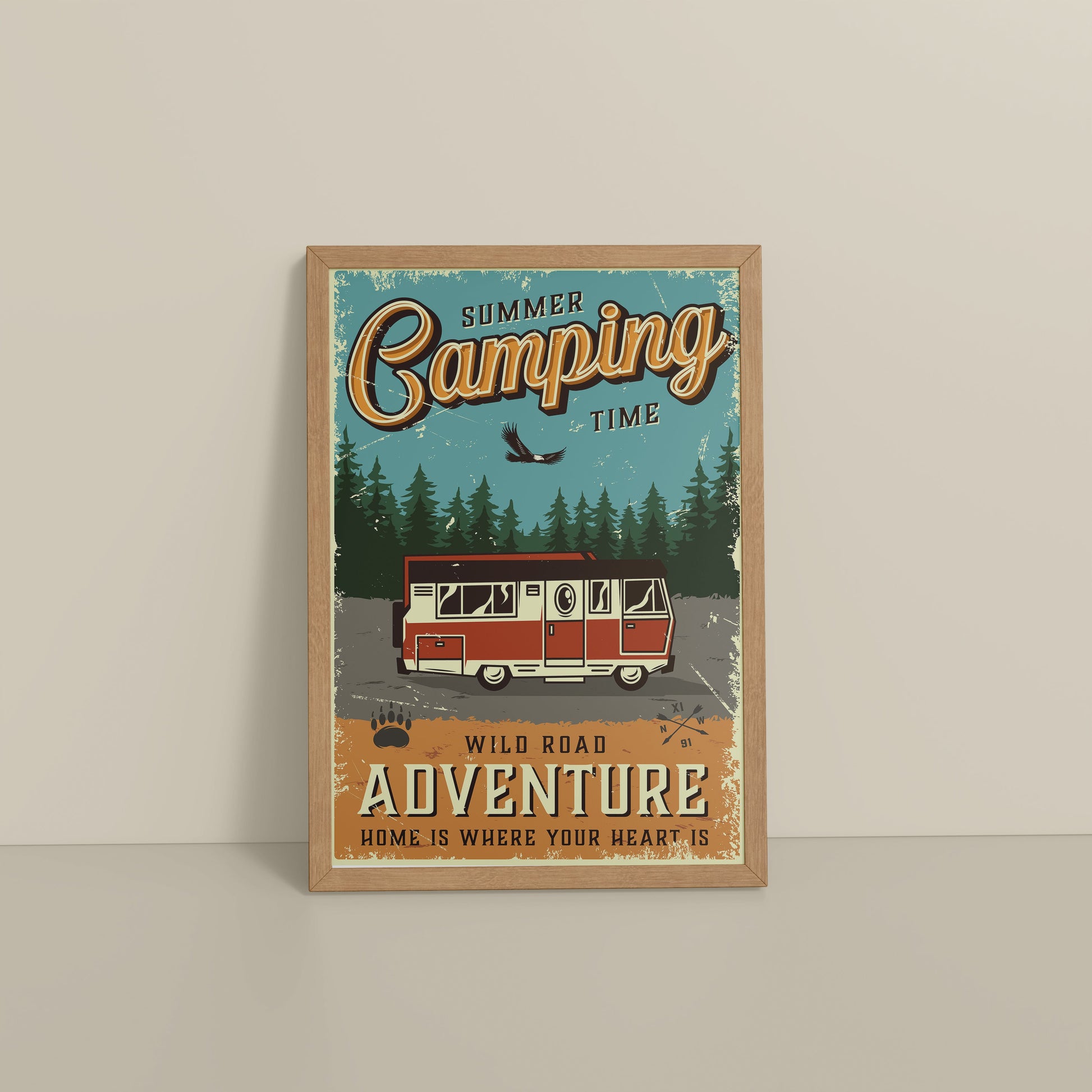 Floor View of Wild Road Adventure – Summer Camping Wall Art in Natrual Color Frame