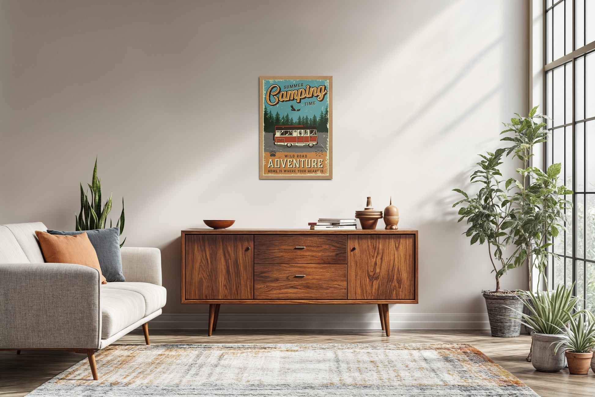Living Room Sofa Preview of Wild Road Adventure – Summer Camping Wall Art in Natrual Color Frame