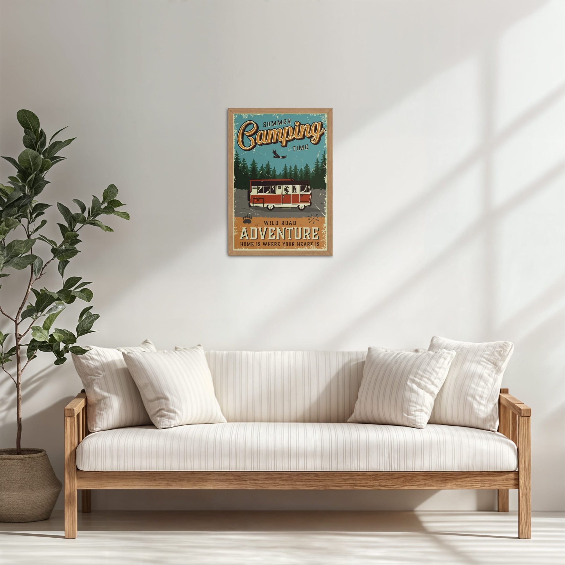 Living Room Cabinet Table Preview of Wild Road Adventure – Summer Camping Wall Art in Natrual Color Frame