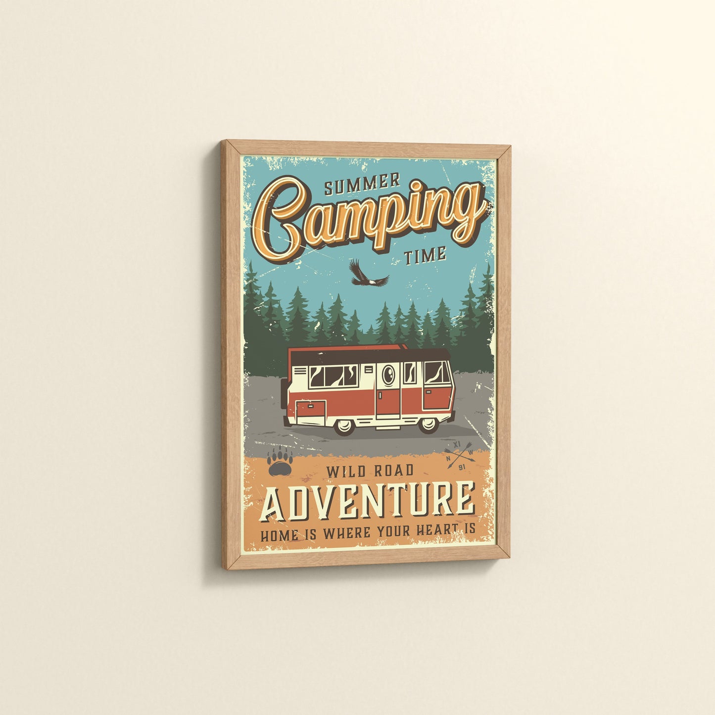 Side View of Wild Road Adventure – Summer Camping Wall Art in Natrual Color Frame