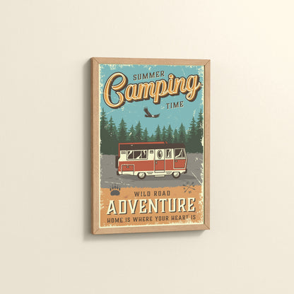 Side View of Wild Road Adventure – Summer Camping Wall Art in Natrual Color Frame