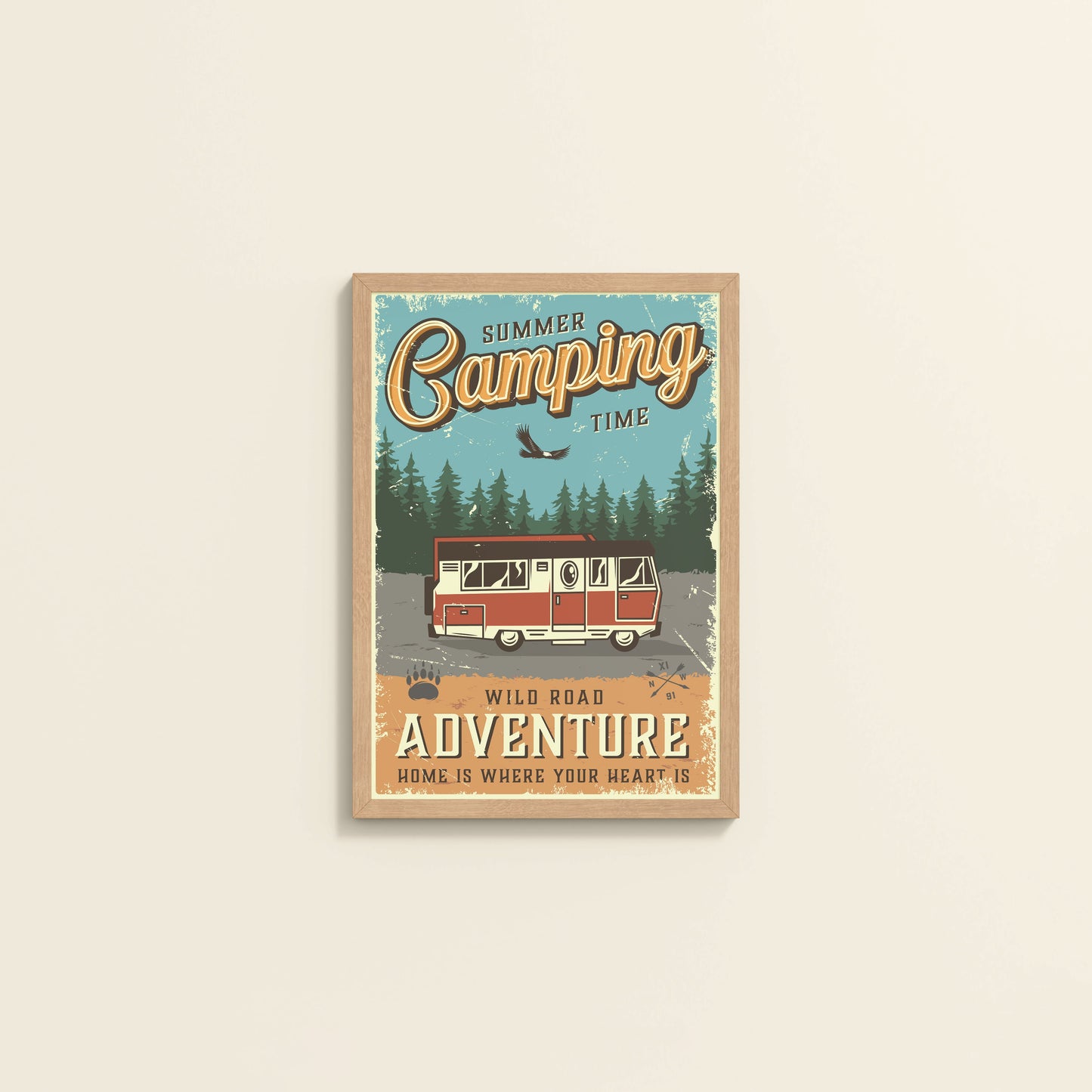 Wall View of Wild Road Adventure – Summer Camping Wall Art in Natrual Color Frame