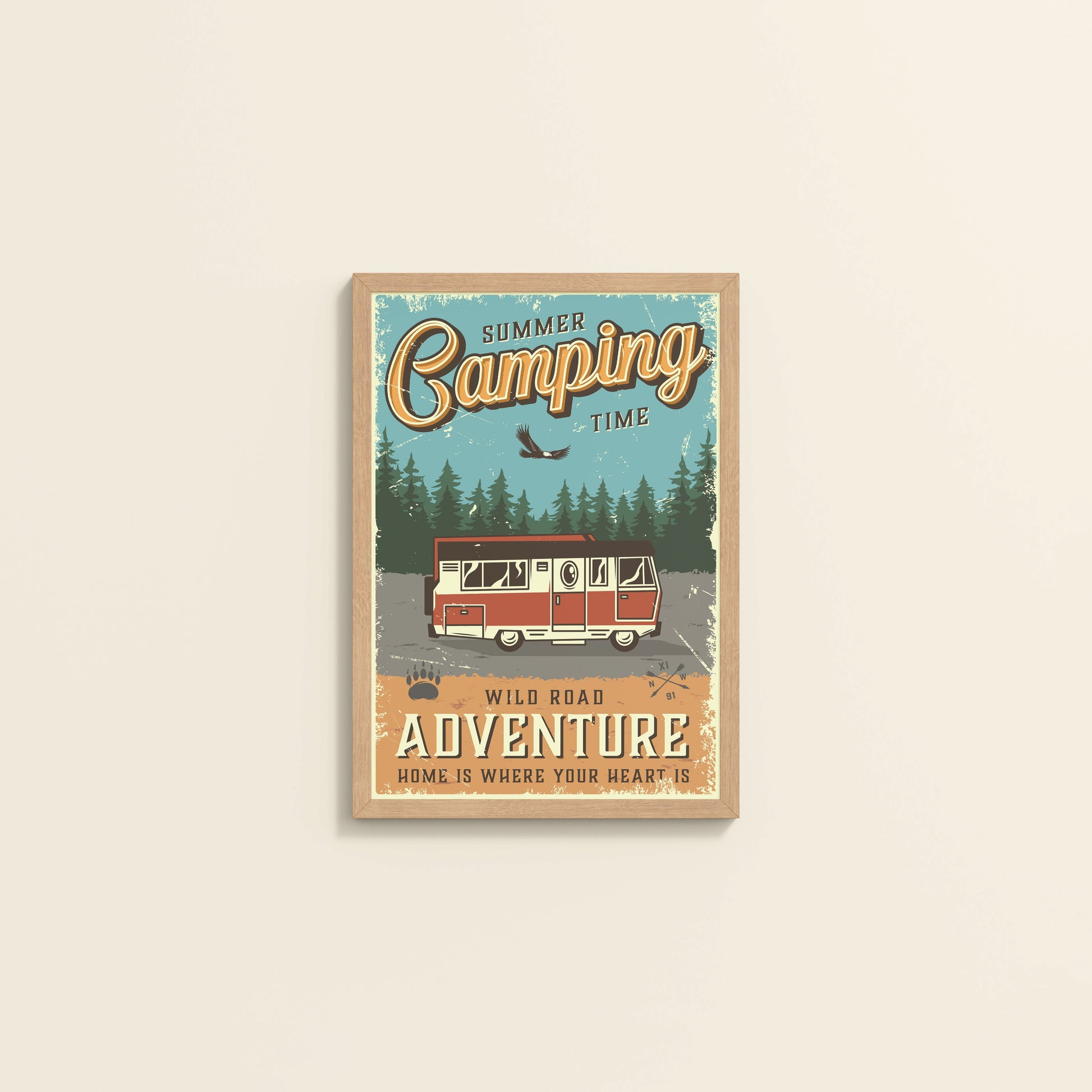 Wall View of Wild Road Adventure – Summer Camping Wall Art in Natrual Color Frame