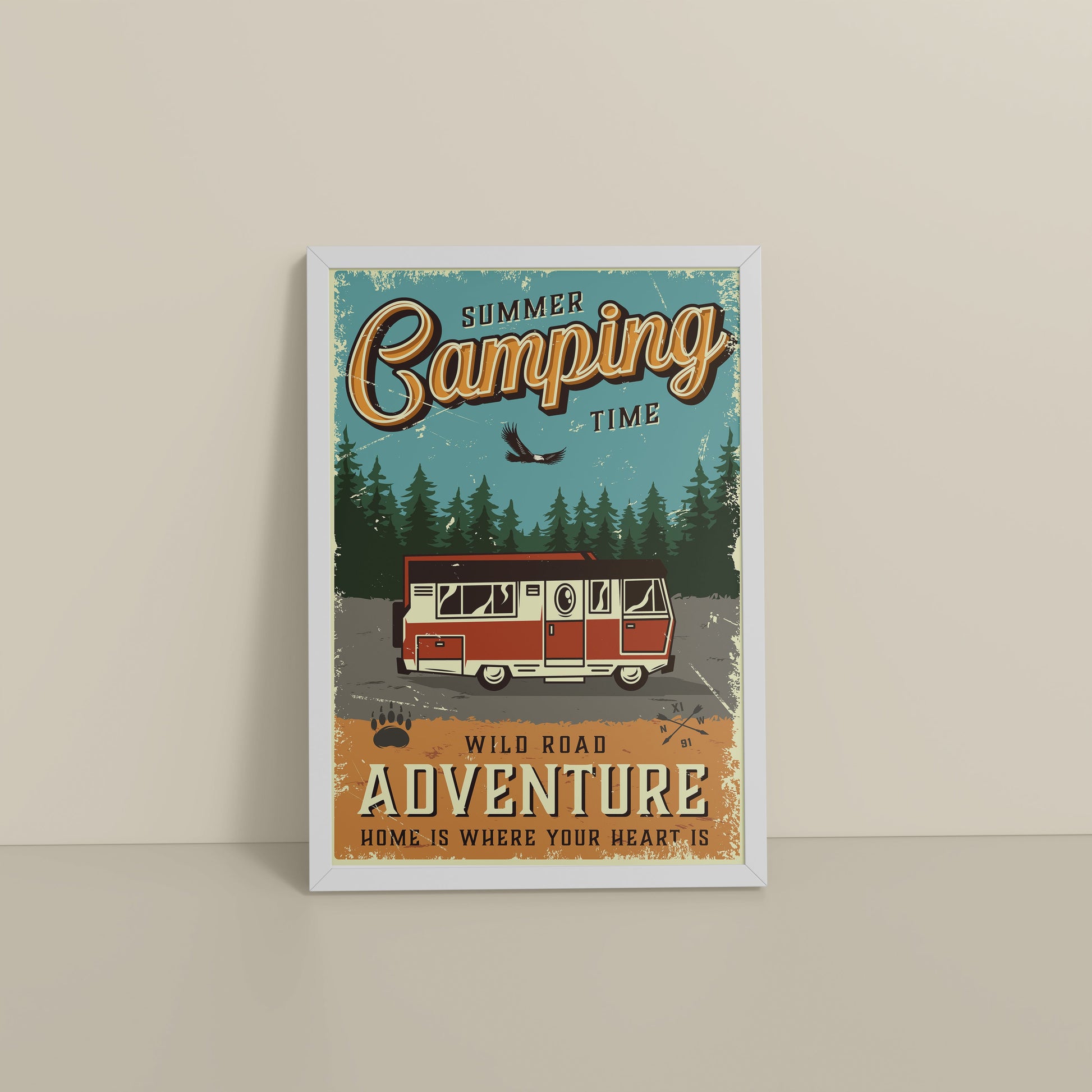 Floor View of Wild Road Adventure – Summer Camping Wall Art in White Color Frame