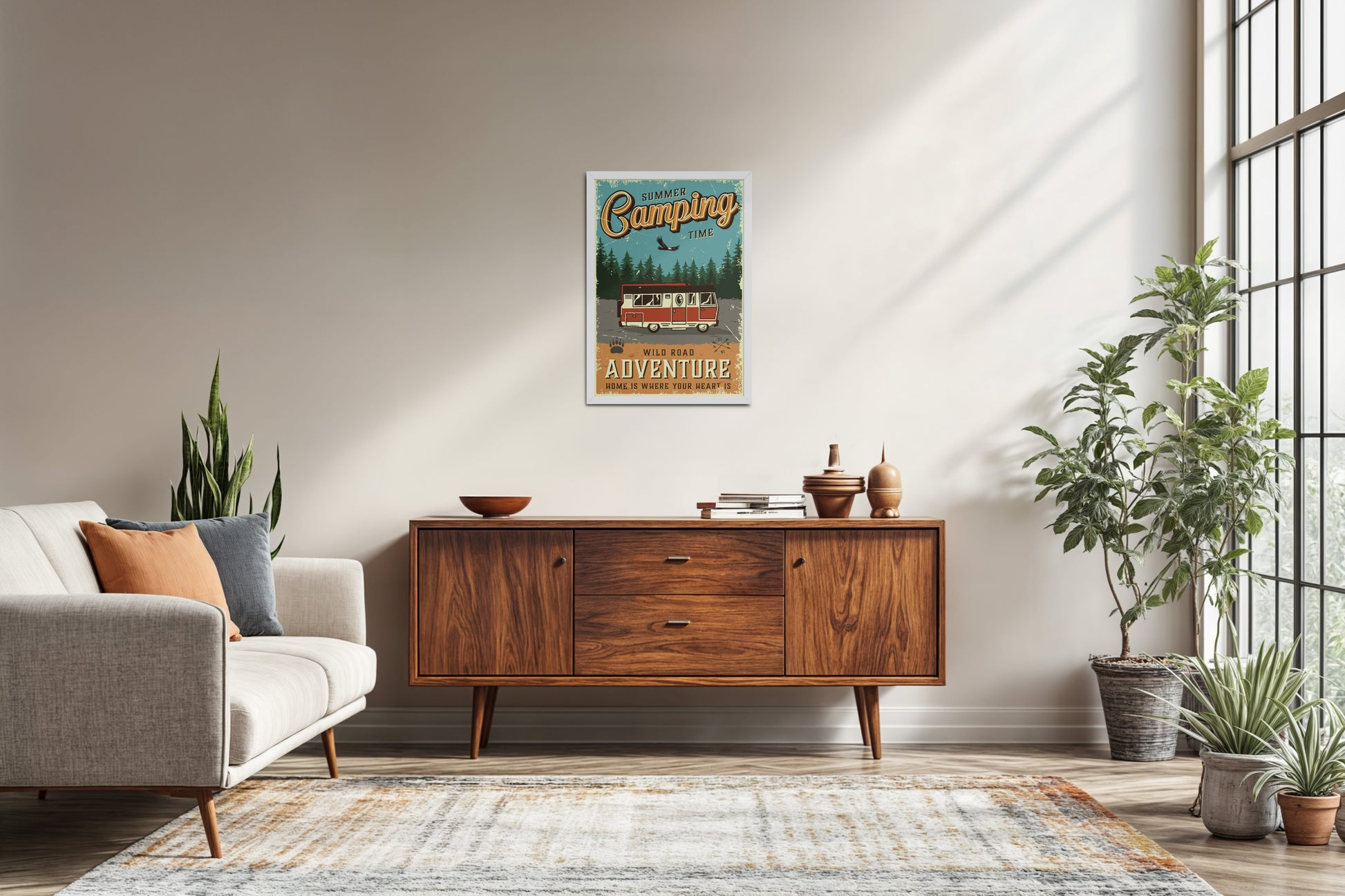 Living Room Sofa Preview of Wild Road Adventure – Summer Camping Wall Art in White Color Frame