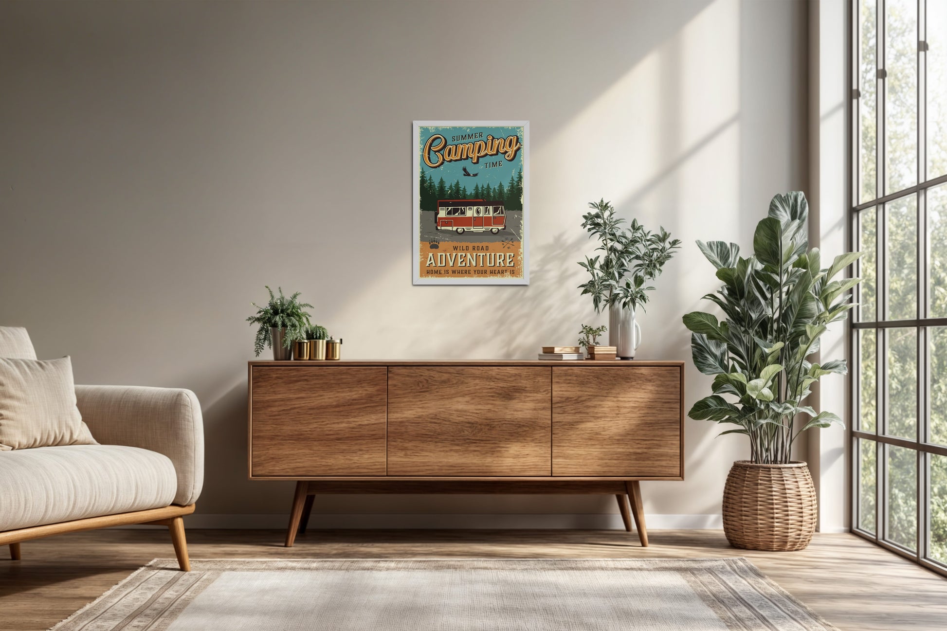 Living Room Cabinet Preview of Wild Road Adventure – Summer Camping Wall Art in White Color Frame