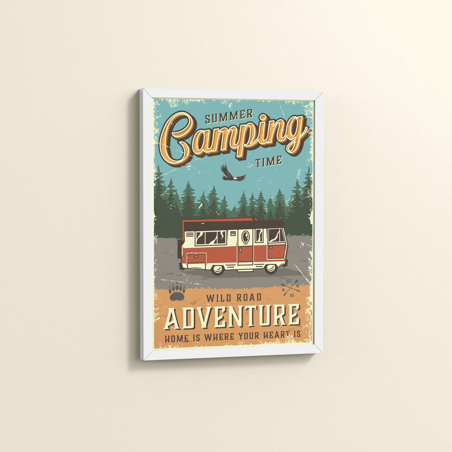 Side View of Wild Road Adventure – Summer Camping Wall Art in White Color Frame
