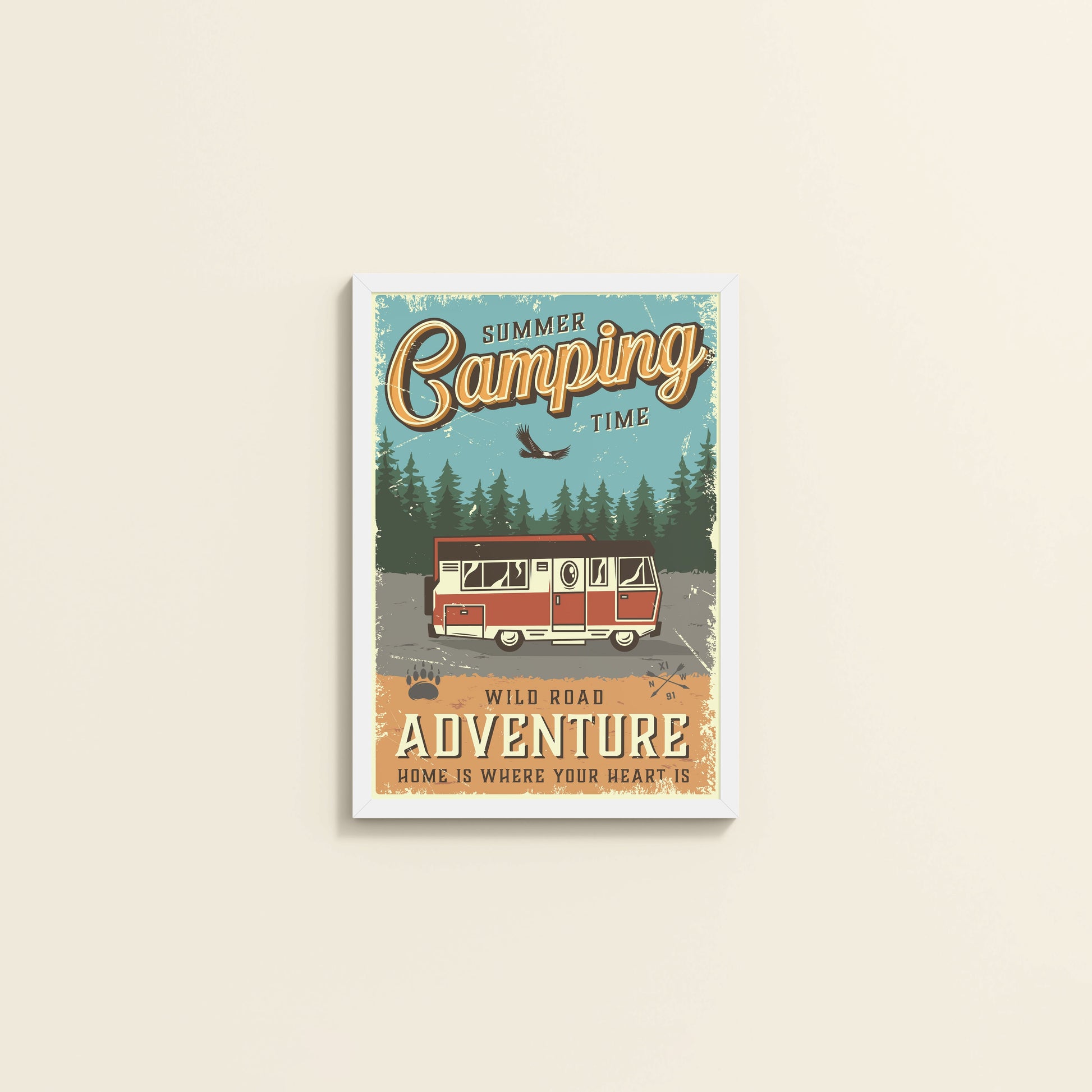 Wall View of Wild Road Adventure – Summer Camping Wall Art in White Color Frame