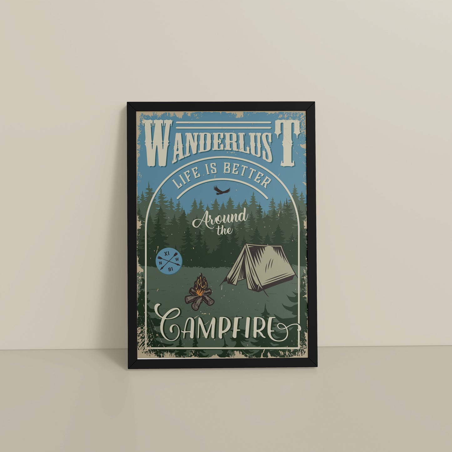 Floor View of Wanderlust Life Around the Campfire Wall Art in Black Color Frame