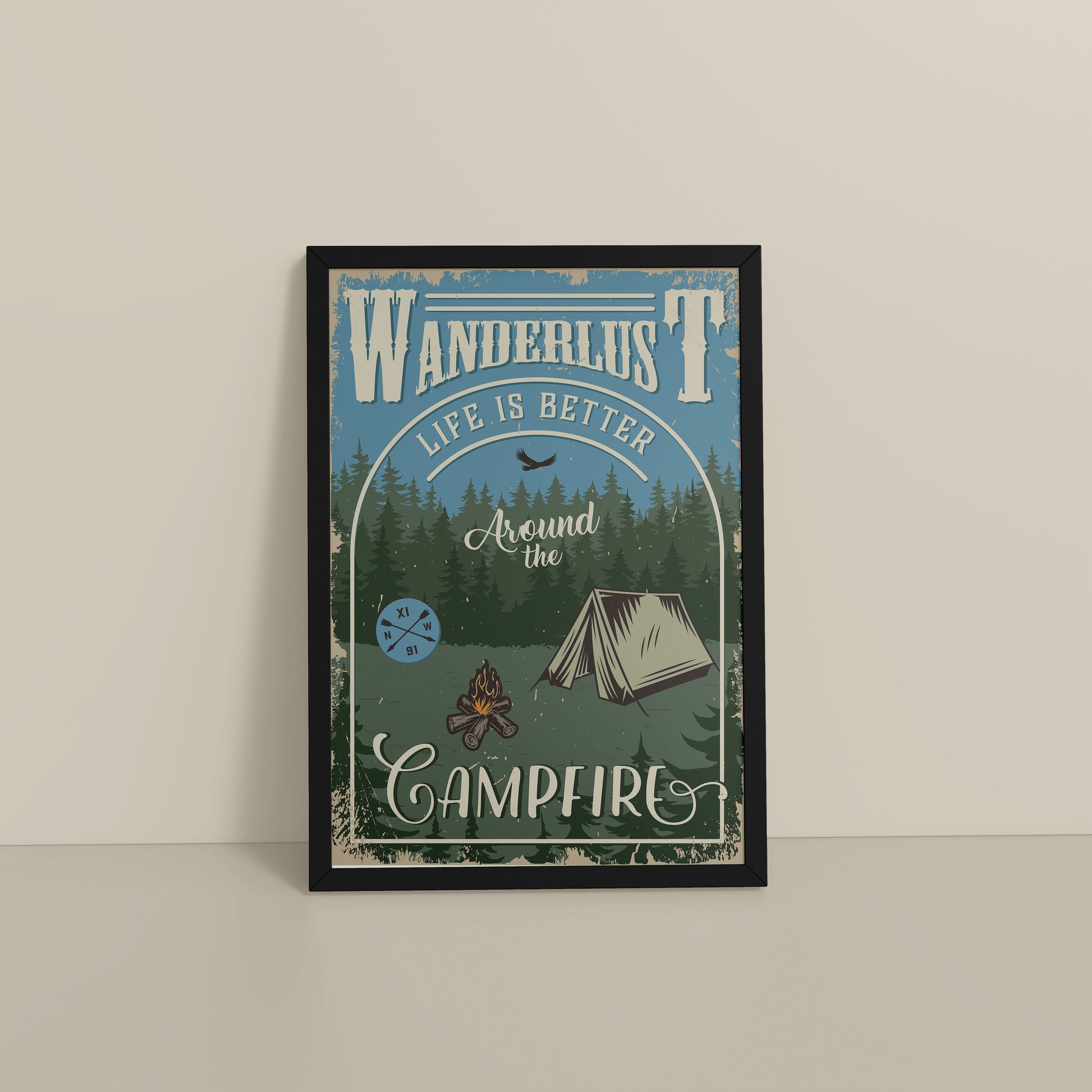 Floor View of Wanderlust Life Around the Campfire Wall Art in Black Color Frame