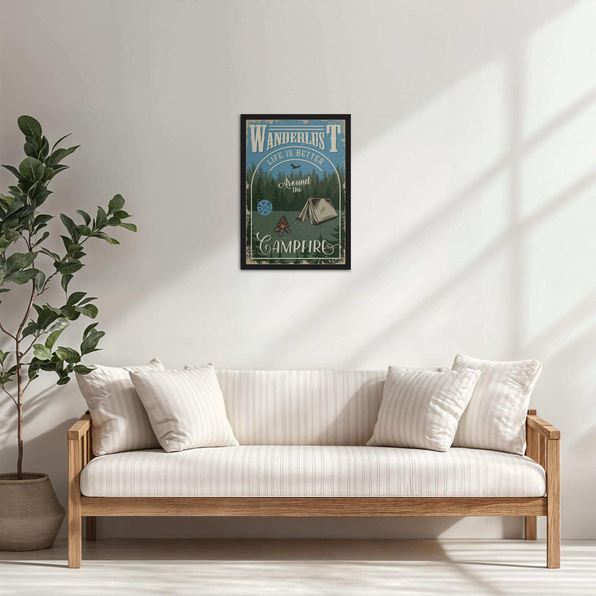 Living Room Cabinet Table Preview of Wanderlust Life Around the Campfire Wall Art in Black Color Frame
