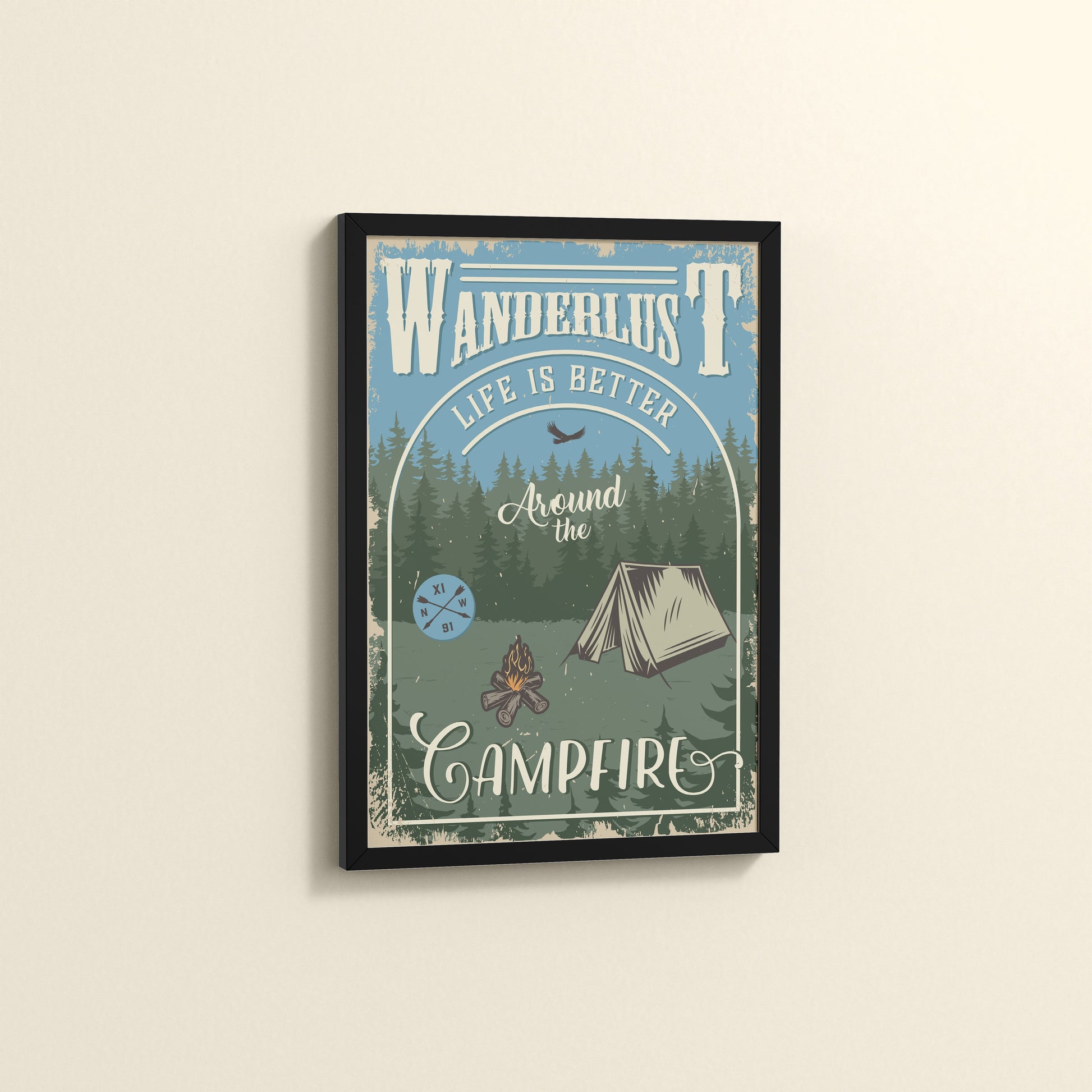 Side View of Wanderlust Life Around the Campfire Wall Art in Black Color Frame
