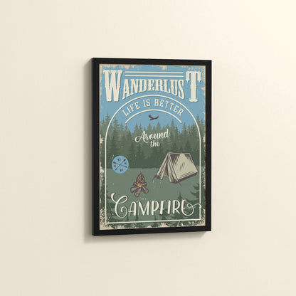 Side View of Wanderlust Life Around the Campfire Wall Art in Black Color Frame