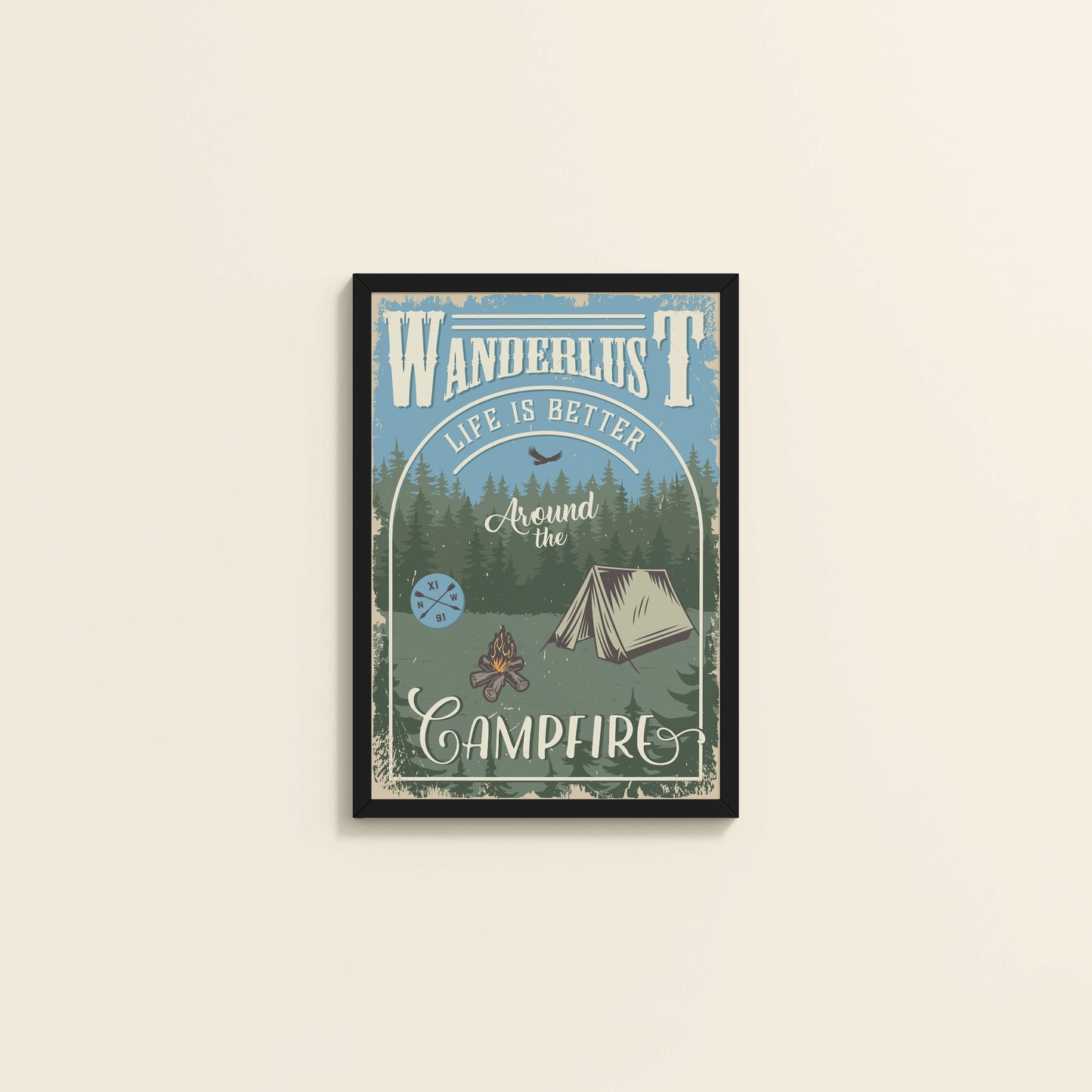 Wall View of Wanderlust Life Around the Campfire Wall Art in Black Color Frame